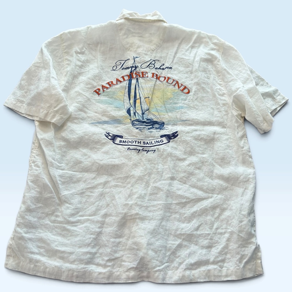Tommy Bahama Shirt Mens XL White Linen Paradise Bound Sailing Short Sleeve